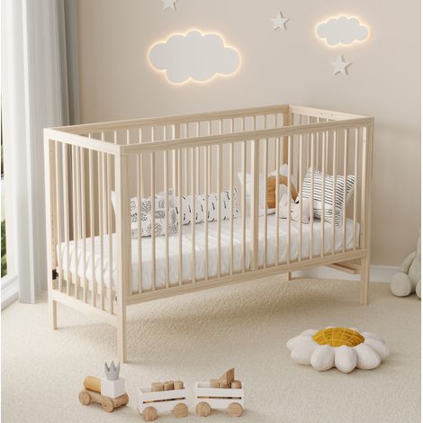 Lettino per bambini in legno massello naturale, 120x60x90 cm, altezza regolabile, trasformabile in lettino da affiancare al letto e scrivania. (1/5)