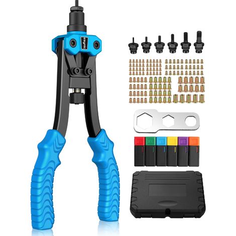 12 Inch Threaded Insert Pliers with Interchangeable Mandrels M3 M4 M5 M6 M8 M10 125pcs Manual Riveter Tool Kit with Carrying Case Rivet Pliers Insert – Blue (1/5)