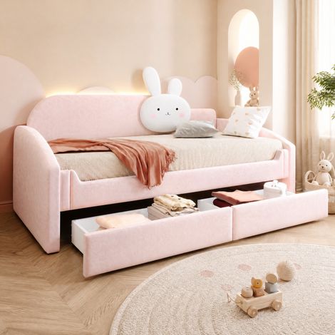 Kinderbett 90x200 mit Stauraum, LED und Hasenkissen, rosa Samt HAVRYA (1/5)