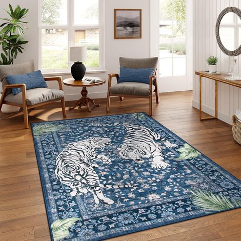 Tapis lavable à imprimé floral tigre, tapis tropical vintage, tapis décoratif pour salon, chambre à coucher, entrée et salle à manger, tapis en velours cristal avec surface antidérapante, taille 50 x (1/5)