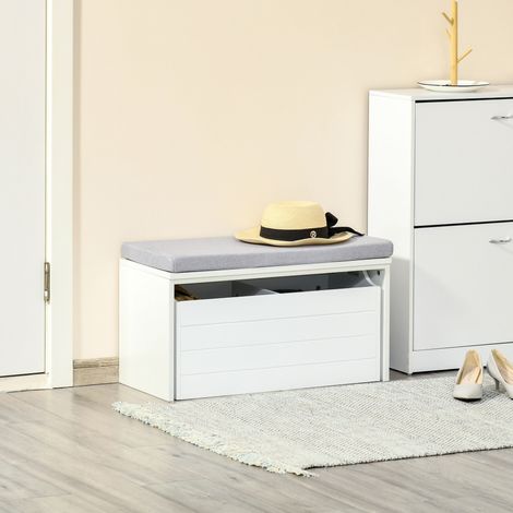 Banc rangement coussin gris meuble chaussures, grand tiroir double compartiment MDF blanc, pratique (1/5)