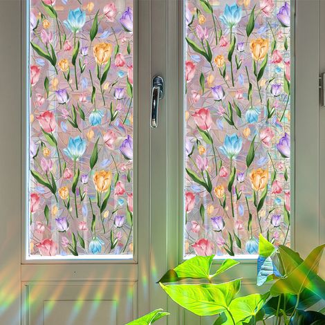 Lntyq Film de vitrail Film de fenêtre Arc-en-Ciel de Motif Floral Statique Film de fenêtre de fenêtre décorative réutilisable Non adhésive Film d'intimité pour la Maison