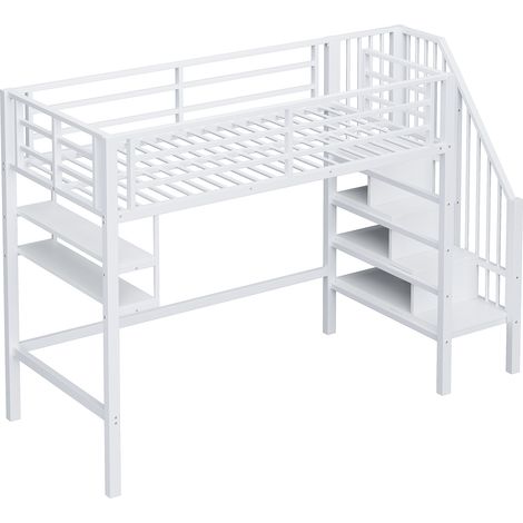 Lit mezzanine, 90200cm, étagères, escalier de rangement, espace libre sous le lit pour se déguiser, garde-corps, sans matelas, blanc (1/5)