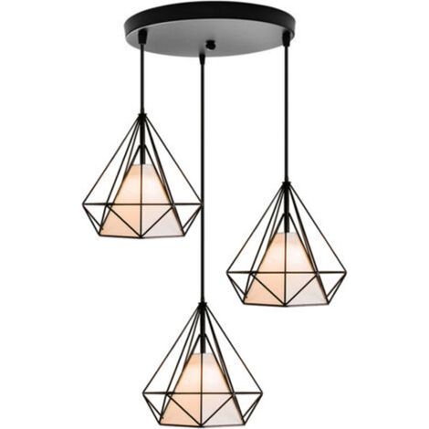 Plafonnier Vintage En Forme De Cage De Diamant 25CM 3 Lumières Lampe De Plafond En Fer Lustre De Restaurant, Bar, (Noir) (1/5)