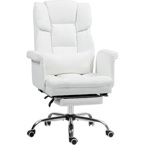 Sedia da ufficio ergonomica reclinabile con poggiapiedi e cuscino lombare in similpelle bianca (1/5)