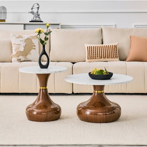 Set de 2 tables basses Ø70x42 et Ø50x51,5 cm blanc et noyer en métal et mélamine aspect marbre, design sablier élégant (1/5)