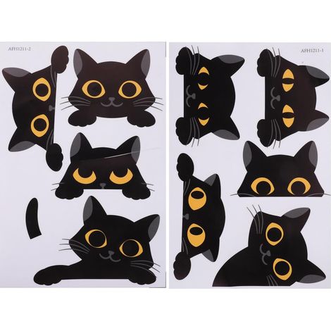 Autocollants Muraux Chat Noir en Pvc, 2 Feuilles, 9 Pièces Autocollants Légers Amovibles, Adhésif Prêt à Poser, Décoration Salon et Lampe (1/5)