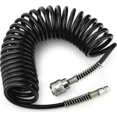 1/4" x 5m Polyurethane Recoil Air Hose 8mm OD With Bend Restrictor, 1/4" Europe Quick Coupler and Plug, For Air Compressor, Black (1/5)