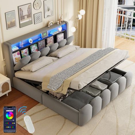 Lit Capitonné 180x200 cm avec sommier et LED et USB-C , Lit Coffre 180x200 avec rangement tête de lit et hydraulique, lit double, velours,Gris (1/5)