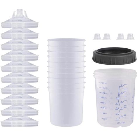 Paquete de 10 vasos medidores para mezclar pintura - Insertos para pintura de coche - Vaso medidor con tapa - Paquete de 10 vasos medidores transparentes para coche, pintura y automoción