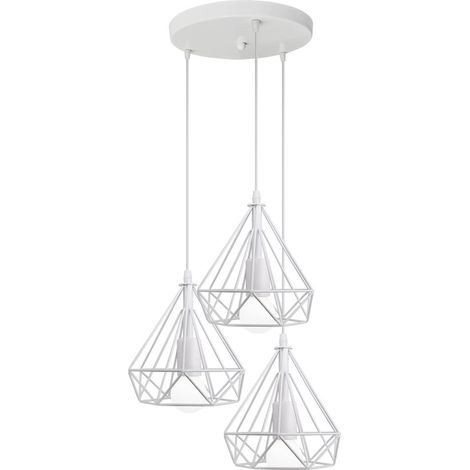 3-Flammige Industrial Pendelleuchte Käfig, Weiß Hängelampe aus Eisen E27 Runde Basis für Wohnzimmer Esszimmer Küche Cafét Bars - Ohne Leuchtmittel