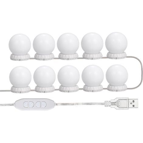 LED-Schminkspiegelbeleuchtungsset mit 10 einstellbaren Glühbirnen, 10 Helligkeitsstufen und 3 Beleuchtungsmodi, USB-Anschluss, Weiß (1/4)