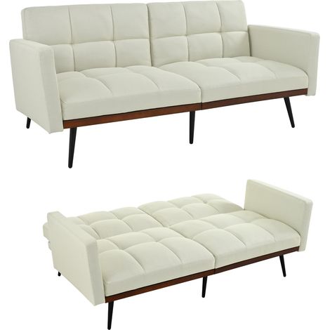 Canapé-lit futon moderne du milieu du siècle en lin mélangé, 146 cm de large, dossier réglable en 5 positions et accoudoirs fixes, pieds en métal, beige (1/5)