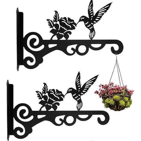 Lot de 2 supports de suspension de 25 cm, crochets muraux en métal, motif colibri, pots de fleurs, appliques murales, nids d'oiseaux, lanternes, carillons (1/5)