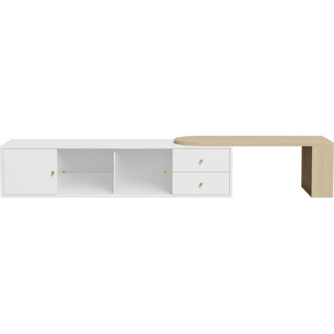 Mueble TV extensible con LED RGB, 2 cajones y puertas correderas de vidrio, blanco y madera (1/5)