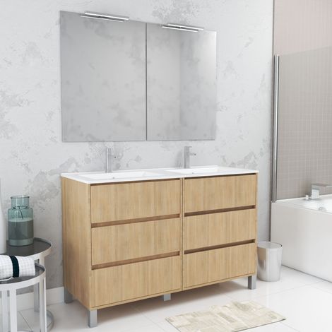 Mueble de Baño 120cm Roble Claro 6 Cajones, Lavabo, 2 Espejos 60x80 con Apliques Led