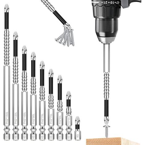 Jeu de 9 embouts de tournevis hautement magnétiques – Embouts Phillips antidérapants – Pour perceuse électrique (25, 50, 65, 70, 75, 90, 100, 120, 150 mm) (1/5)