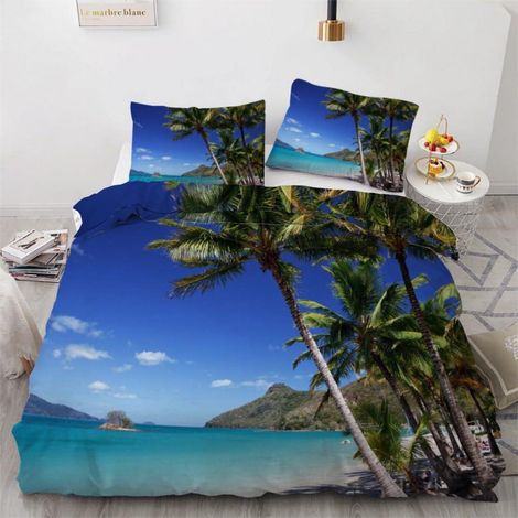 Bettwäsche-Set 200x200 cm 3-teilig Mikrofaser Tropisch Palme mit Reißverschluss