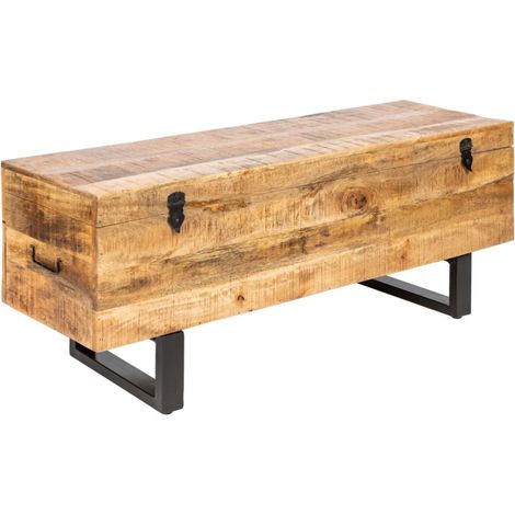 Table basse ou banc coffre MERAX 115 cm en bois de manguier massif et métal style industriel (1/5)