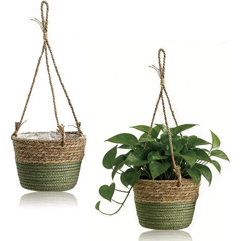 Lot de 2 pots de fleurs suspendus en jonc de mer - 20 cm - Pot de fleurs suspendu - Tissés à la main - Avec longue corde de suspension - Pour l'intérieur et l'extérieur (1/5)
