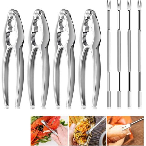 Juego de 8 cascanueces y púas para langosta, herramientas para cascanueces de patas de cangrejo, cascanueces y tenedores de acero inoxidable para mariscos, juego de cascanueces para comer, soporte par (1/4)