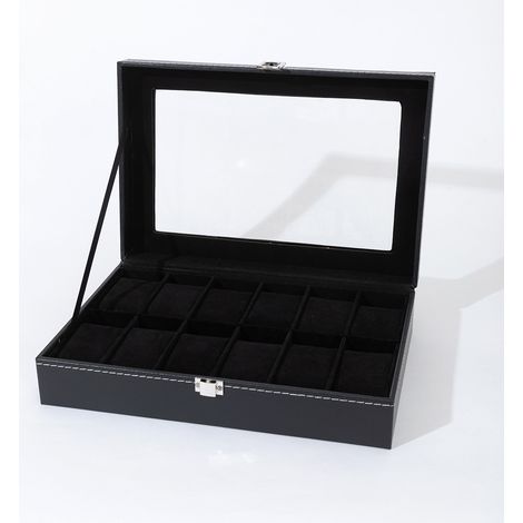 Aufbewahrungsbox für 12 Uhren aus PU-Leder, hochwertiger schwarzer Organizer für Schmuck und Kunstobjekte, elegantes Wohnaccessoire-lsw