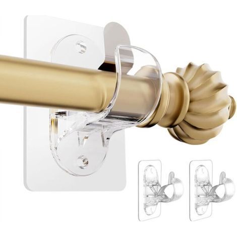 Self-Adhesive Curtain Rod Brackets No Drilling, Adjustable Nail-Free, Clear Adhesive Hooks, 2 Pack (1/4)