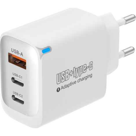 Chargeur mural 12W multi-ports certifié (1 USB-A + 2 USB-C), prise EU blanche, kit avec câble Lightning (1/4)