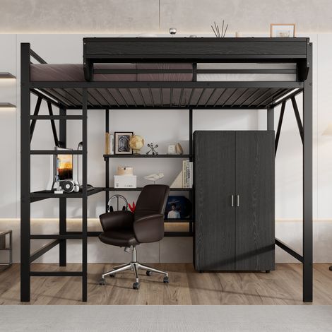 Letto a soppalco 140x200 cm con scrivania integrata, doppio spazio di archiviazione, guardaroba e armadio, struttura in metallo e MDF, colore nero (1/5)