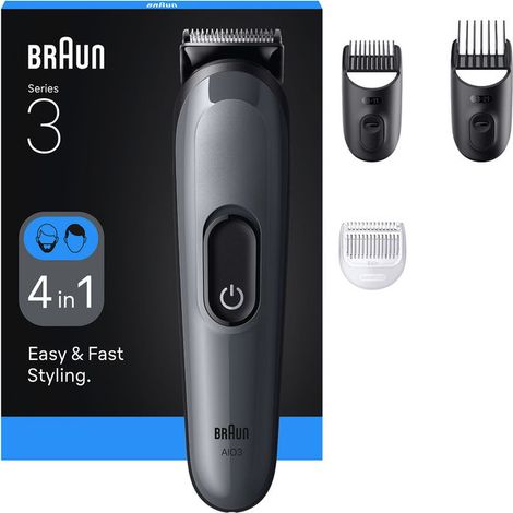 Braun AIO3500 Kit tagliacapelli All-in-One Style 14 lunghezze regolabili da 0,5 mm a 2,1 cm batteria ricaricabile NiMH 50 min di autonomia colore Nero Grigio