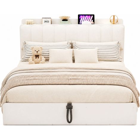 CHICFURN Lit coffre 180x200 cm en bois avec rangement hydraulique, tête de lit avec étagères, USB et éclairage, dossier rembourré velours beige, blanc (1/5)