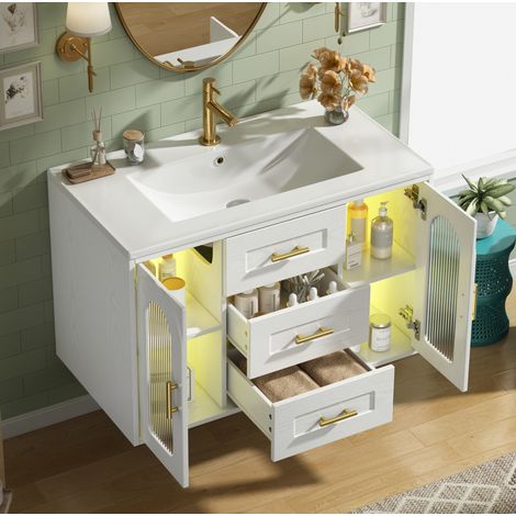 Mobiletto sospeso da bagno 76x46x55 cm con illuminazione a LED, 2 cassetti e ripiani regolabili, in MDF effetto legno e vetro - bianco (1/5)