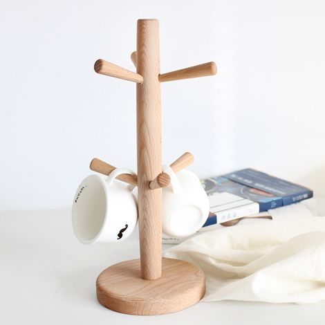 Égouttoir à tasses en bois en forme d'arbre avec 6 crochets, support de rangement pour tasses et égouttoir de cuisine. (1/3)