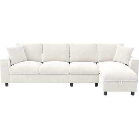 Ausziehbares Ecksofa 3-Sitzer mit Klapptisch, Stauraum in den Armlehnen, Chenille Beige (1/5)