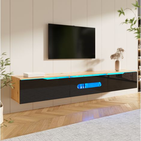 Mueble TV 180x35x30 cm negro y madera en MDF y tablero de partículas con LED Bluetooth y montaje mural (1/5)