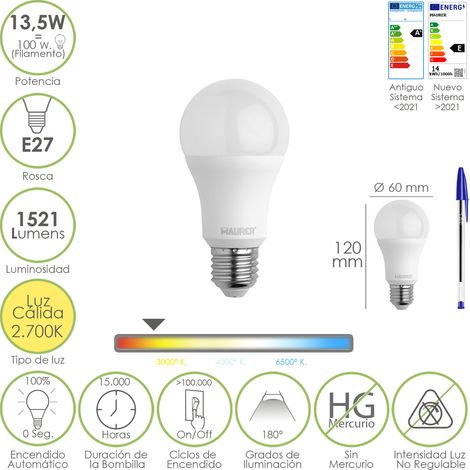 Bombilla Led Estandar Rosca E27. 13,5 Watt. Equivale A 100 Watt. 1521 Lumenes. Luz Calida (3000º K.)