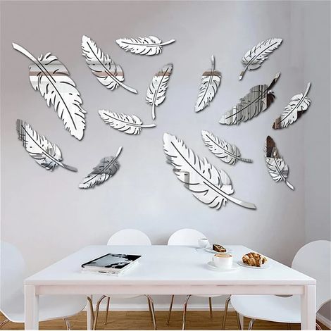 Lot de 15 stickers miroirs 3D acryliques, grandes feuilles adhésives murales, déco DIY miroir pour chambre salon (argent) (1/5)