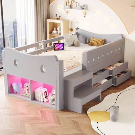 Lit enfant 90x200 cm en bois gris avec rangement, pour chambre d'enfant, sans matelas – MEUBLIV (1/5)