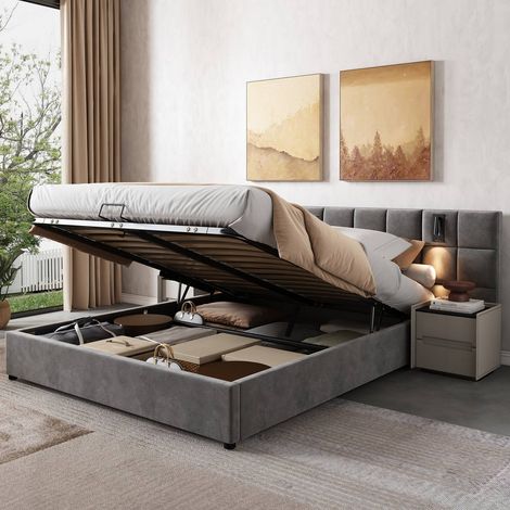 Lit double 160 x 200 cm en velours gris avec tête matelassée, lampe orientable et port usb intégré (1/5)