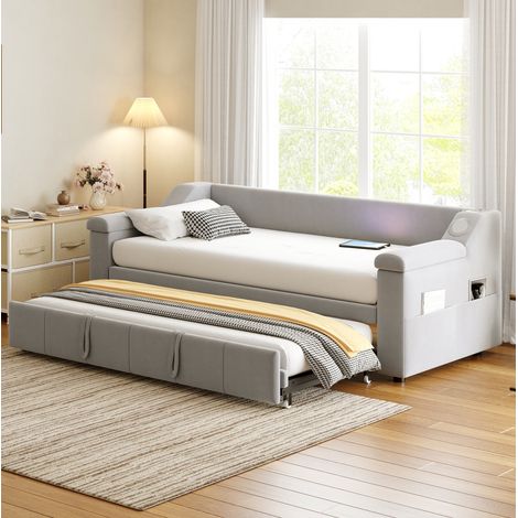 Bettsofa modern 90/180x190 cm aus Samt hellgrau mit Bluetooth-Stereo, USB, Ablagefächern und Lattenrost