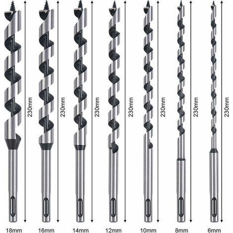 Mèche à bois hélicoïdal 7 PCS – Forets en acier au carbone pour bois dur – Diamètres 6 à 18 mm – Longueur 230 mm – SDS-Plus (1/3)