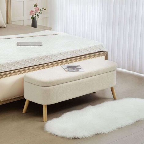 Banc de rangement, bout de lit avec couvercle, pieds en bois, capacité 65 L, jusqu'à 220 kg, 120x42x45cm, beige (1/3)