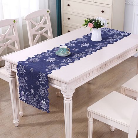 Chemise De Table - Motif Flocon De Neige Brodé - Bleu Marine - Décoration De Noël Pour Table À Manger - 1 Pièce (1/5)