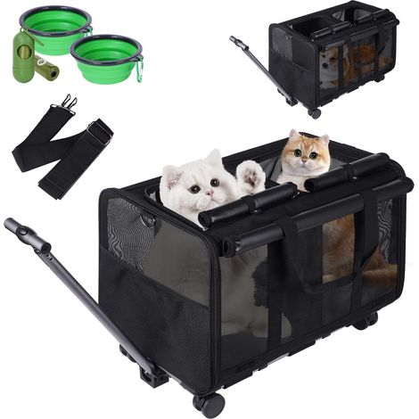 Sac de Transport Portable Double Compartiment pour Animaux à roulettes, Chariot de Voyage avec Poignée et Poches Rangement, Respirant et Confortable, avec Accessoires Bonus - Noir (1/5)