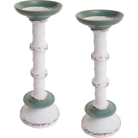 Lot de 2 bougeoirs HWC-N35, porte-bougies Colonne de bougies, Shabby-Look Vintage métal céramique Hauteur 36cm