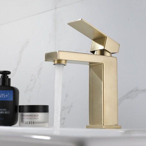 – Mitigeur de lavabo or brossé en laiton massif – Design moderne créatif – Poignée unique – Valve céramique anti-goutte – Résistant aux taches (1/4)