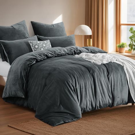 Parure de lit en peluche 200 x 220 cm - Hiver - En flanelle chaude - Housse de couette + 2 taies d'oreiller 80 x 80 cm - Polaire - Toucher cachemire - 3 pièces - Avec fermeture éclair (1/5)