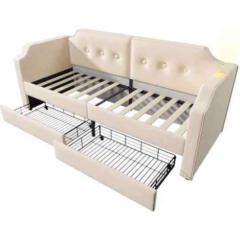 Cama diván 90x200 cm de terciopelo beige con USB Tipo-C, lámpara de lectura y 2 cajones (1/5)