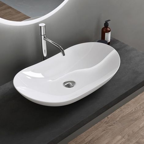 doporro Lavabo sobre Encimera Blano Brillante de Cerámica 63x37x14cm Lavabo de Mano Ovalado Brüssel858 (1/5)