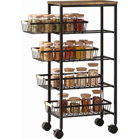 HOMCOM carrito auxiliar con ruedas, 4 cestas extraíbles, carga 15 kg, marco metálico, tiradores de madera, para comedor, 40x24x81,5 cm, marrón rústico (1/5)